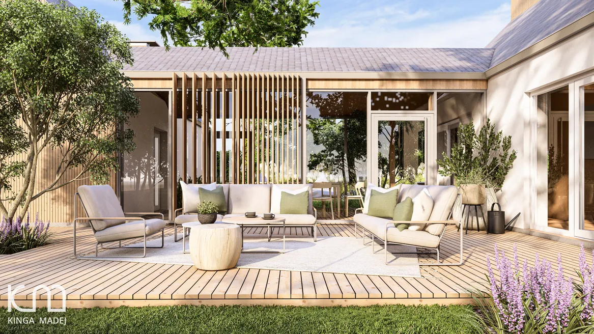 Taras główny wykonany z thermo drewna.