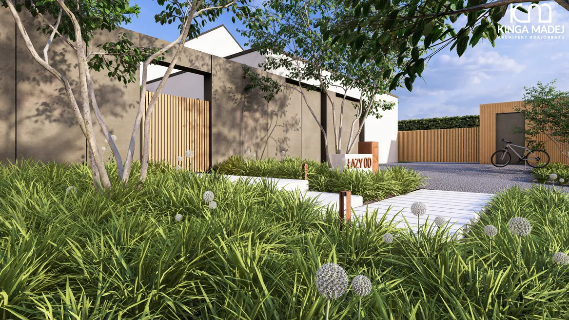 Główne wejście na posesję. Świdośliwy, turzyce i czosnki ozdobne. Cortenowe detale i drewno.