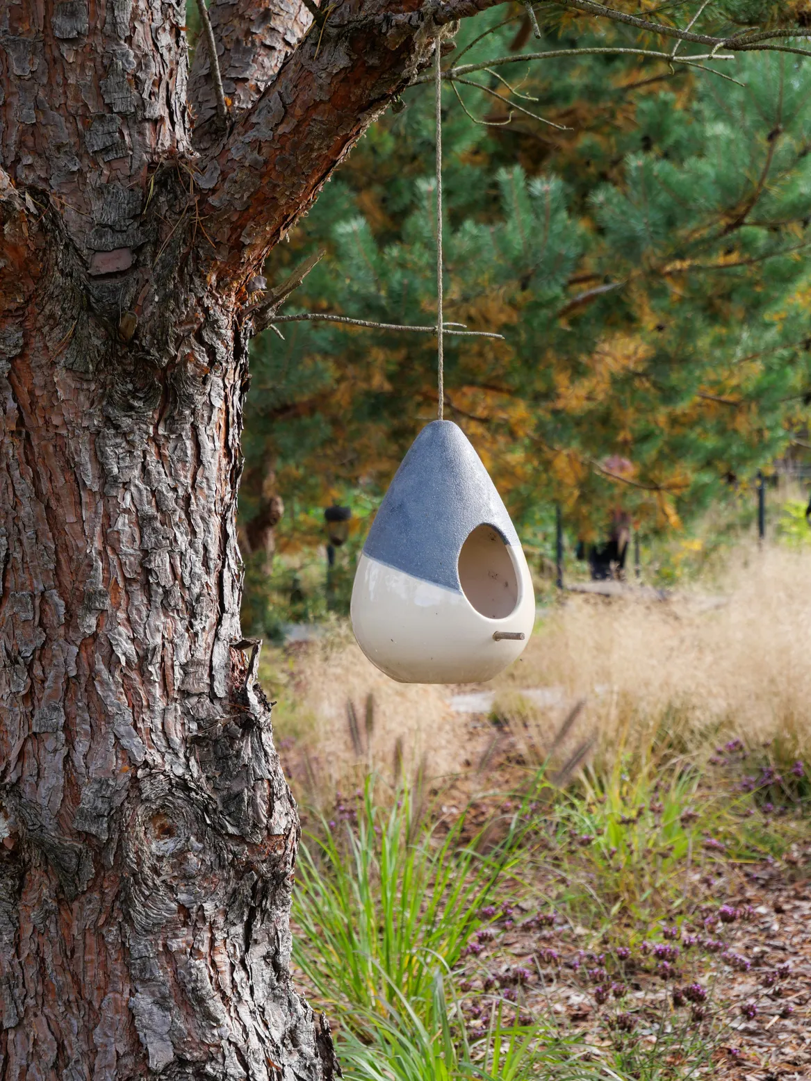 Ceramiczna budka dla ptaków zawieszona na sośnie.