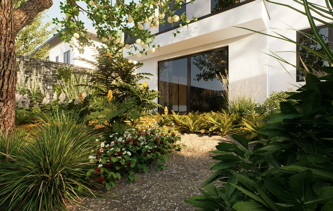 Scieżka z nawierzchni mineralnej. Mahonia apollo, truskawki, paprocie. W tle ogrodzenie z gabionowe.