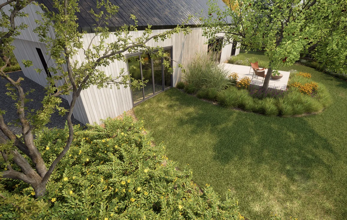 Zbliżenie a strefę przydomową. W lewej części widać taras z kocich łbów.