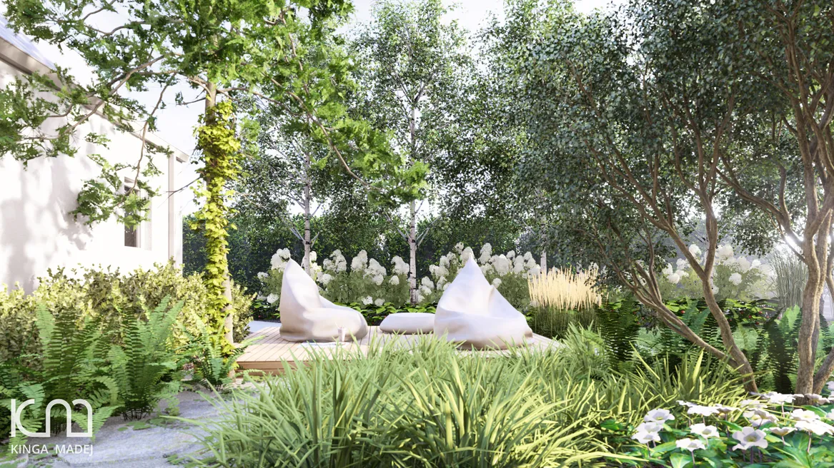 Intymny taras ukryty wśród zieleni po drugiej stronie domu.