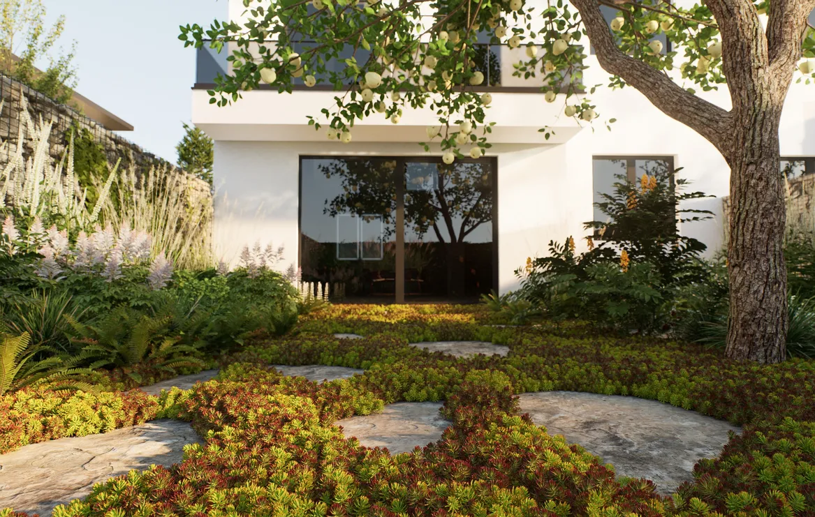 Ścieżka wykonana z plastrów szarogłazu otoczona rozchodnikiem.