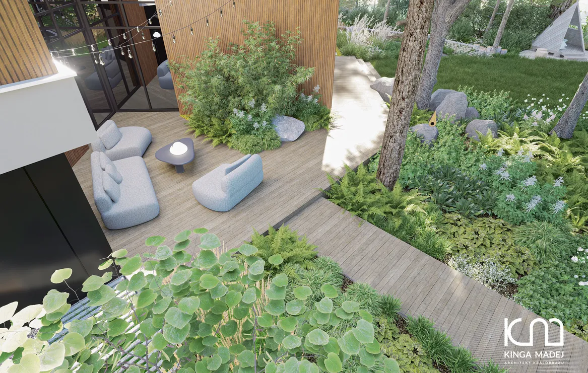 Taras wypoczynkowy z drewna. Kładka do sauny. Grójecznik, hoconechloa, parzydło leśne, zawilce, pióropusznik strusi. 