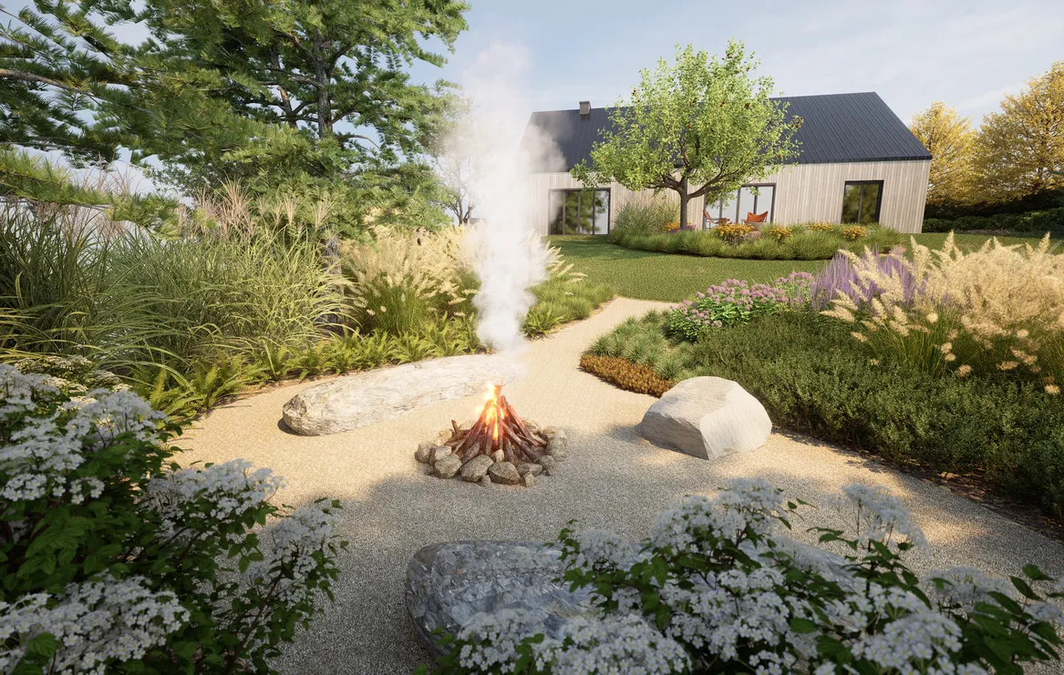 Strefa wypoczynkowa z ogniskiem. Siedziska z głazów. Roślinność naturalistyczna.