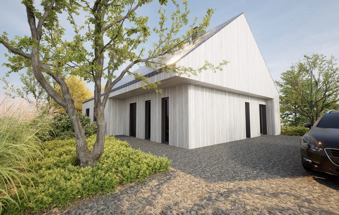 Widok na rabatę frontową. W centrum świdośliwa otoczona runianką japońską. Ogrodzenie zasłonięte miskantem chińskim.