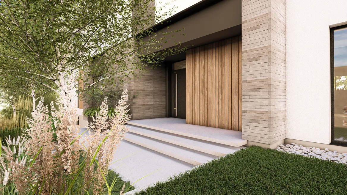 Lewitujące stopnie prowadzące do wejścia.