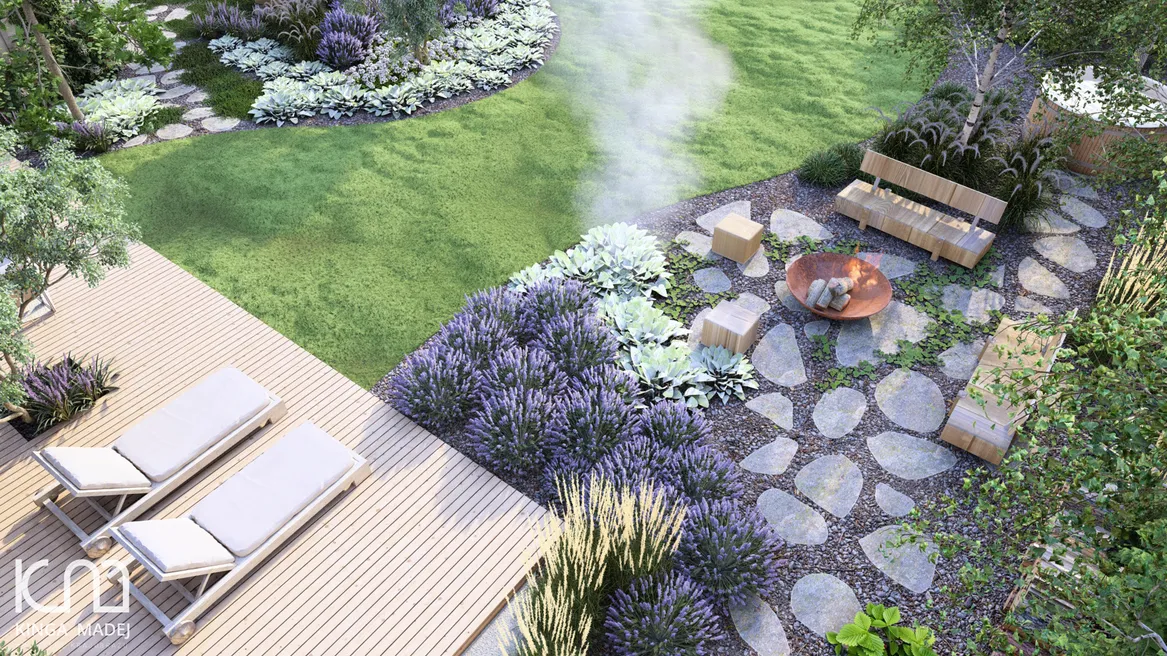 Lawendy połączone z trzcinnikami i naparstnicą. Strefa ogniska wyłożona szarogłazem i żwirem, palenisko zrobione z misy cortenowej.