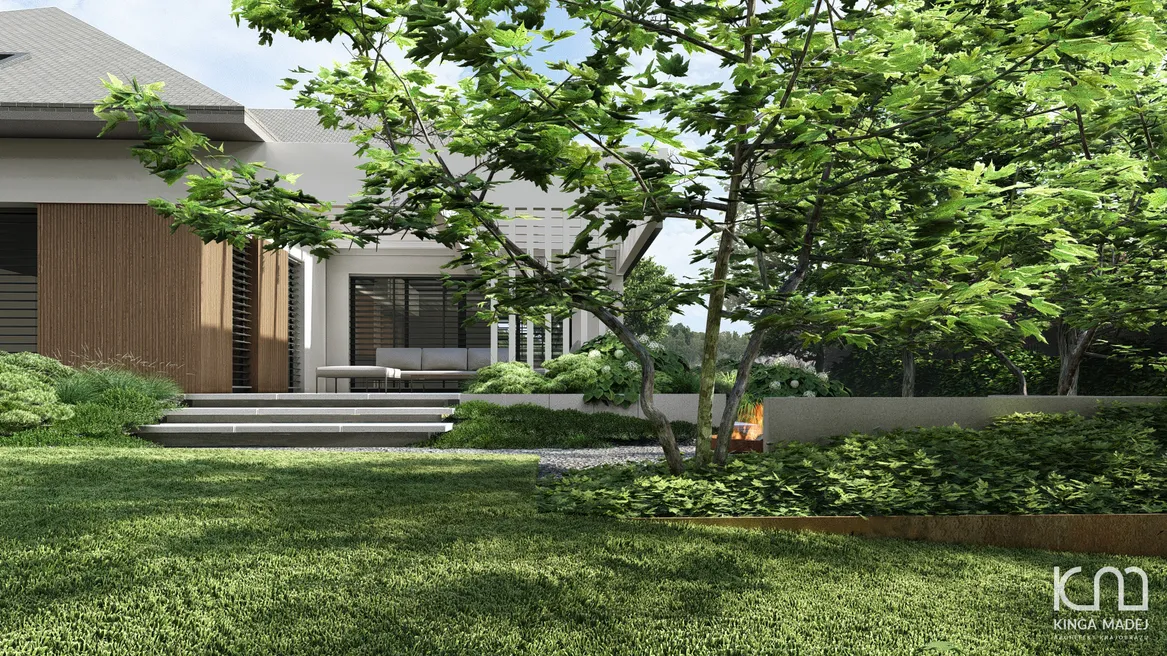 Z tarasu wypoczynkowego można zejść na trawnik po lewitujących stopniach.