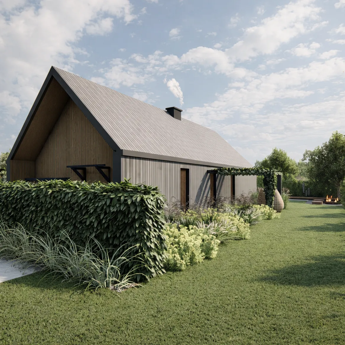 Trawnik i rabaty bylinowe. Huśtawki typu kokon pod pergolą.