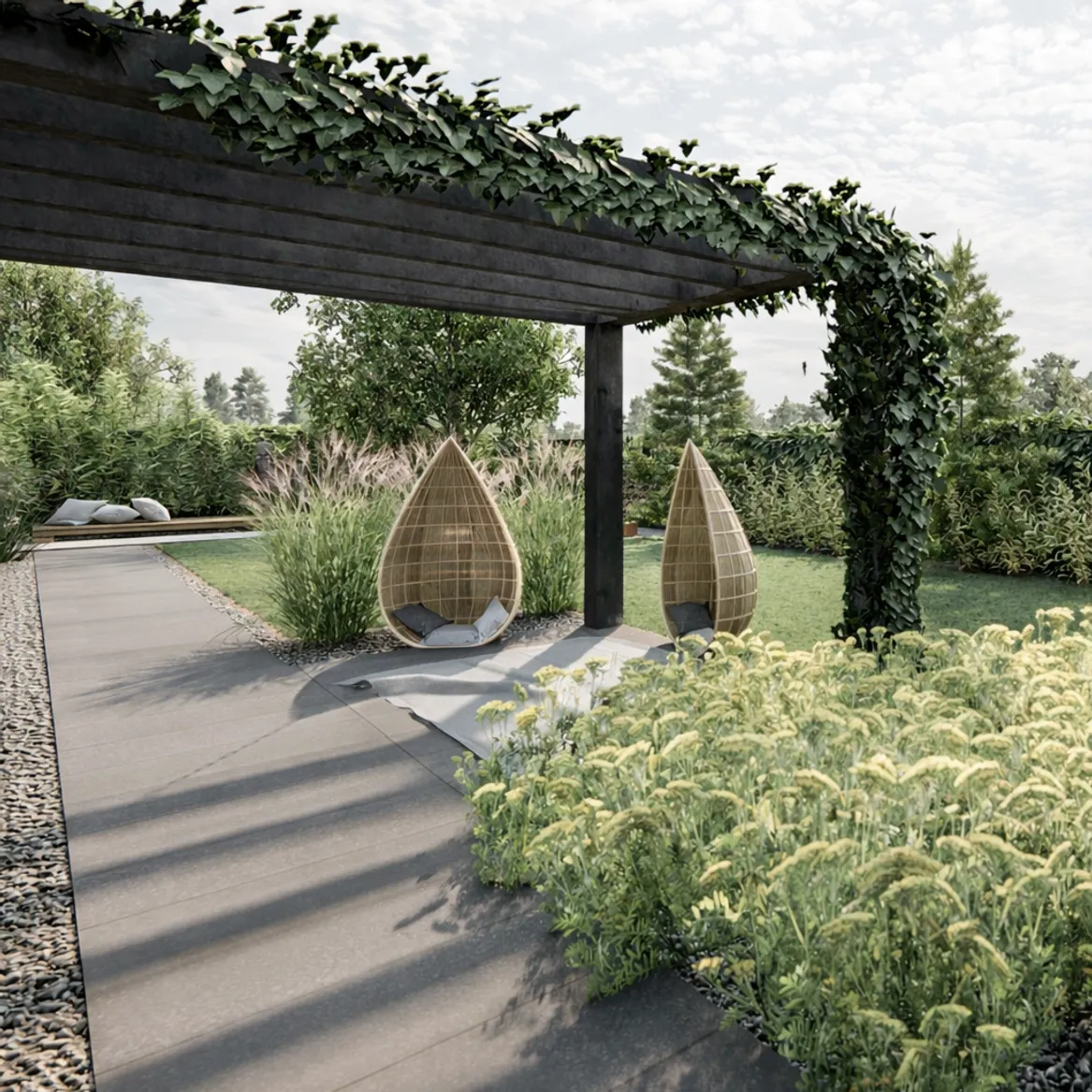 Minimalistyczna pergola, ciemne płyty betonowe, fotele wiszące typu kokon.
