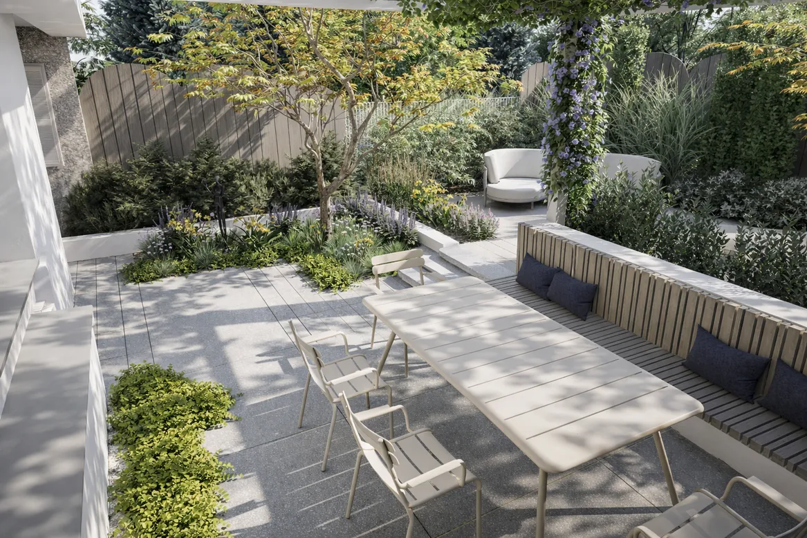 Widok na strefę jadalnianą i rabaty bylinowe