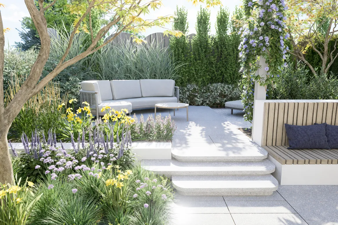 Całość kompozycji dopełniają lewitujące stopnie o zaoblonym kształcie.