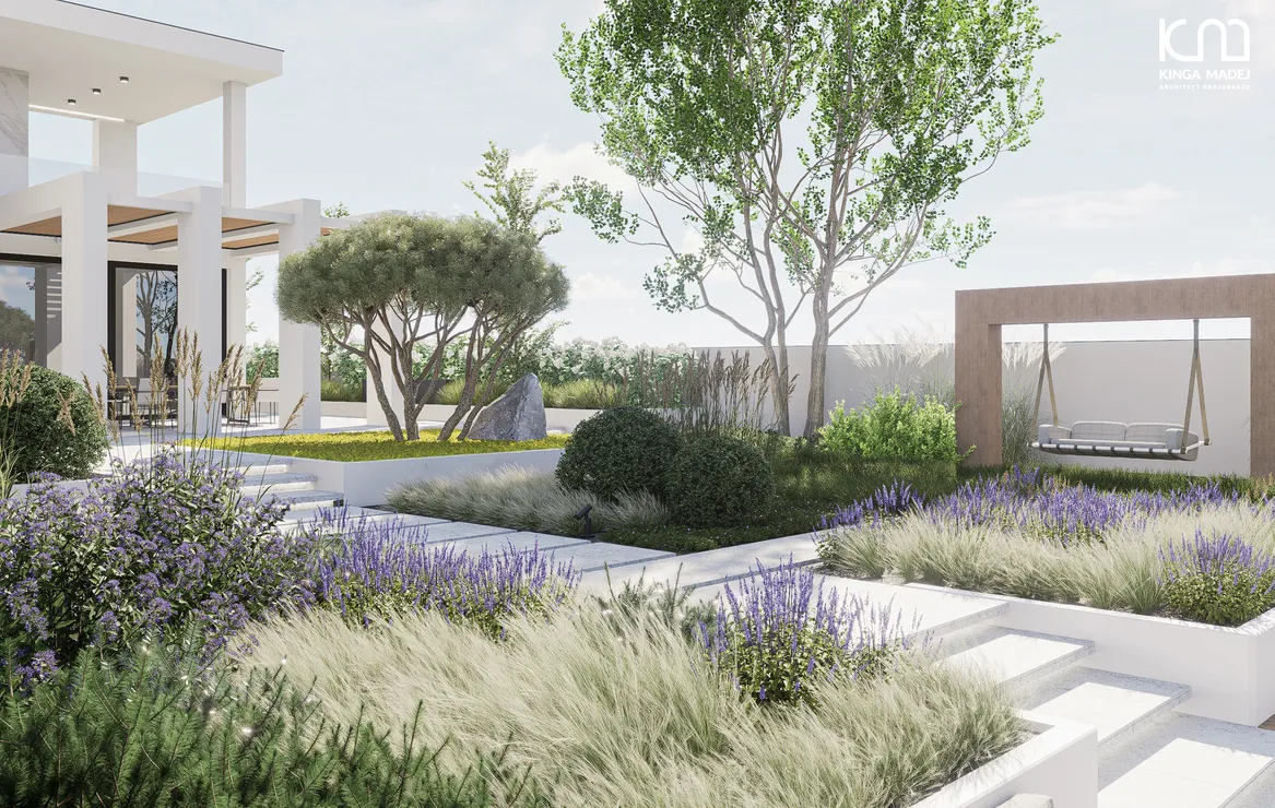 Nowoczesna huśtawka ogrodowa w towarzystwie rabat bylinowych. Szałwia omszona, kocimiętka, trzcinnik.