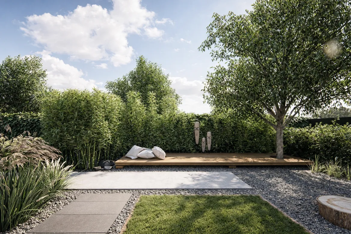 Podest z wnęką na gruszę. Rzeźby ogrodowe, bambusy.