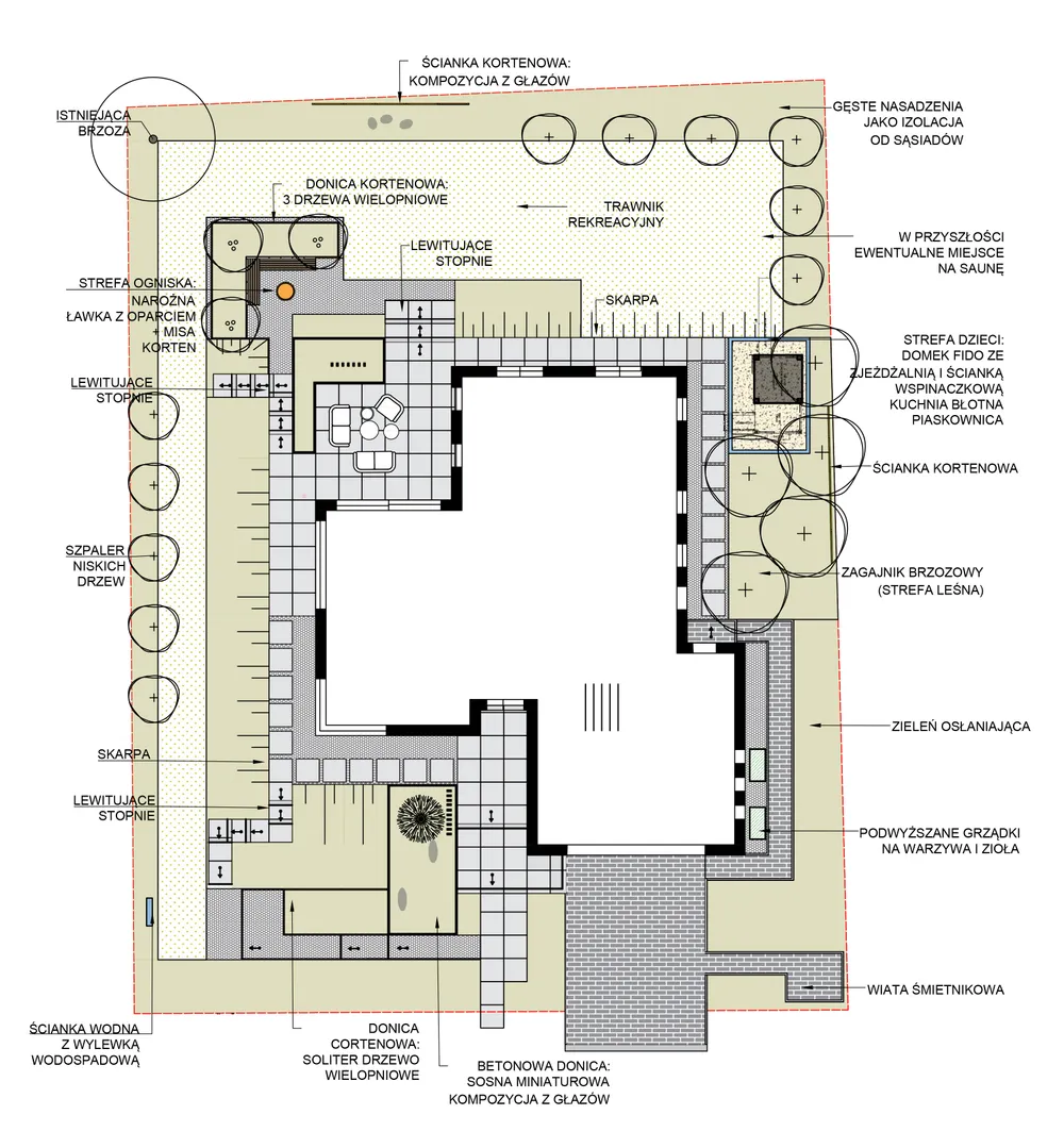 Rysunek koncepcyjny Ogród z lewitującymi stopniami