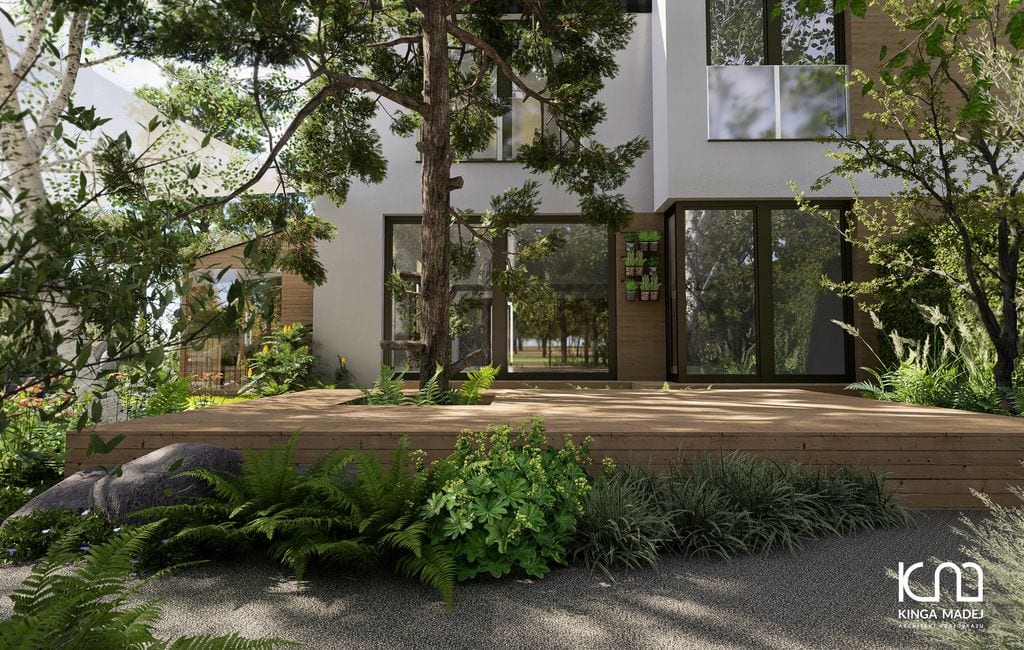 Widok na taras do jogi, saunę i tył domu