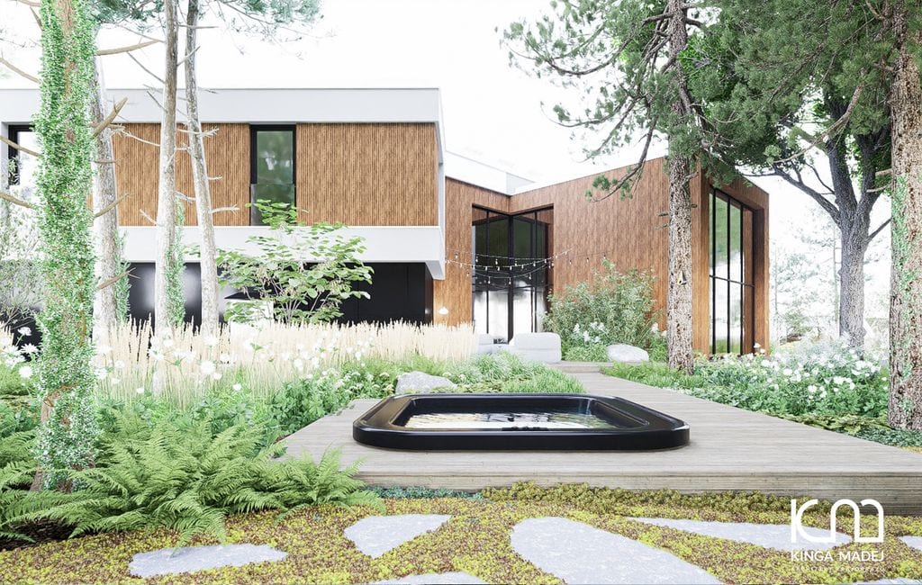 Jacuzzi, ścieżka z kamienia ciętego porośnięta matą rozchodnikową