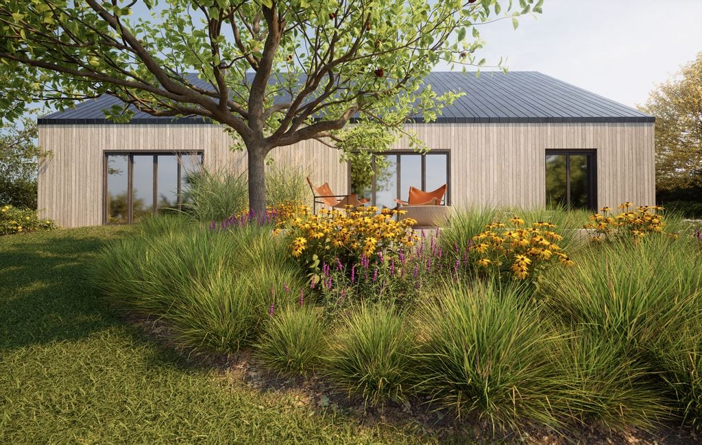 Drzewo owocowe w rabacie bylinowo-trawiastej.