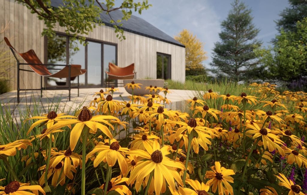 Meble na tarasie wypoczynkowym. Z przodu rudbekie