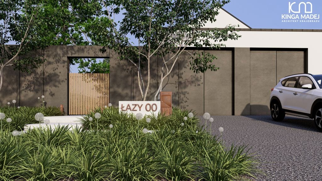 Widok na podjazd, furtkę i wjazd do garażu