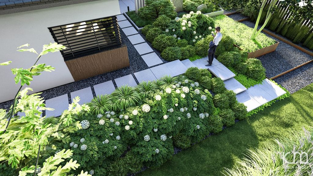 Ujęcie na lewitujące stopnie, klony palmowe. u góry taras wypoczynkowy.