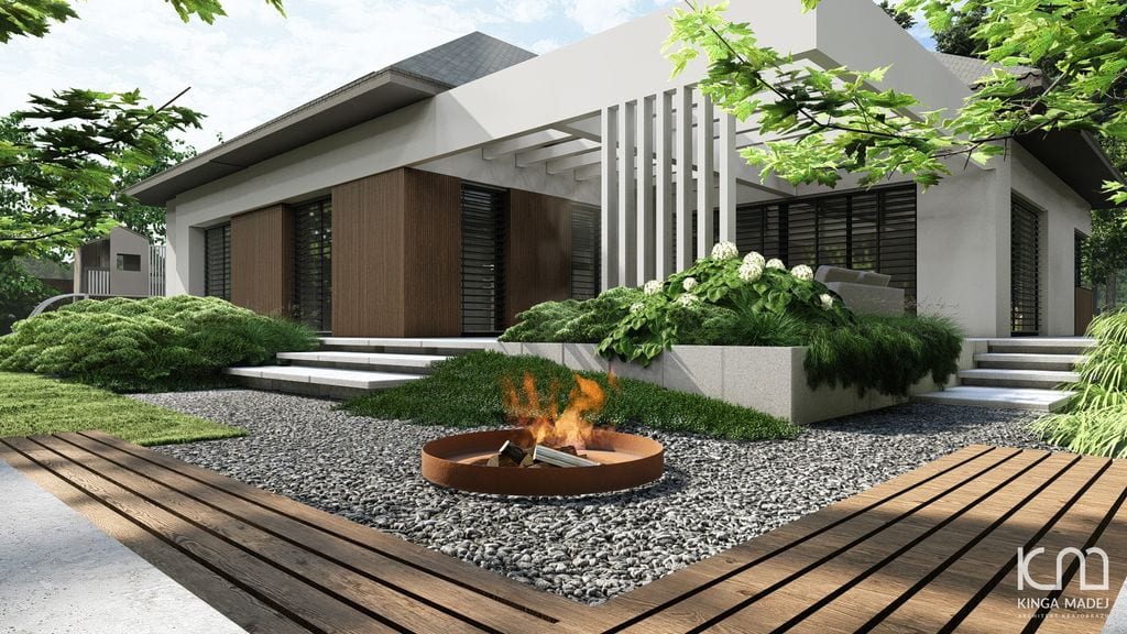 Strefa ogniska z narożną ławką.