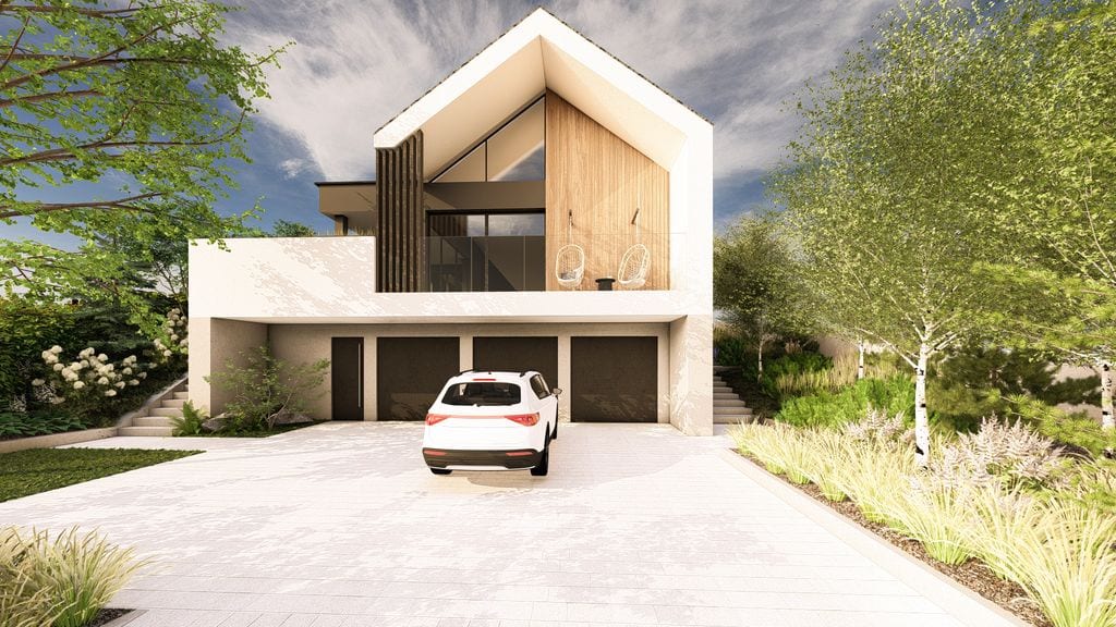 Podjazd i bramy do garażu. U góry główny taras.