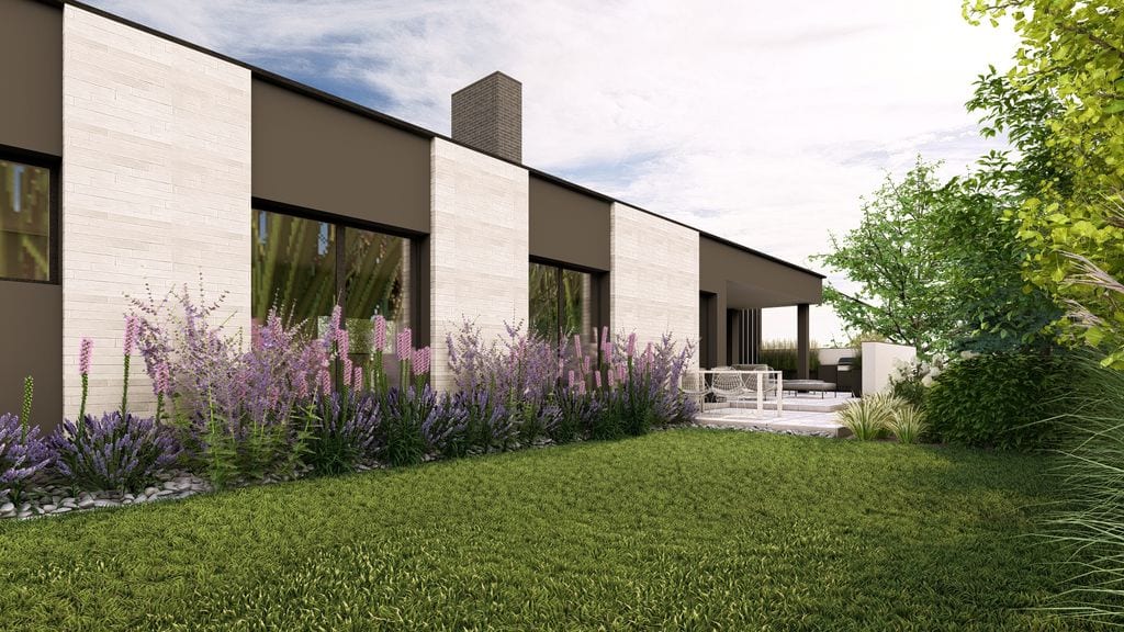 Pachnąca rabata bylinowa z roślinami w odcieniach fioletu (lawenda, perovskia, liriope)