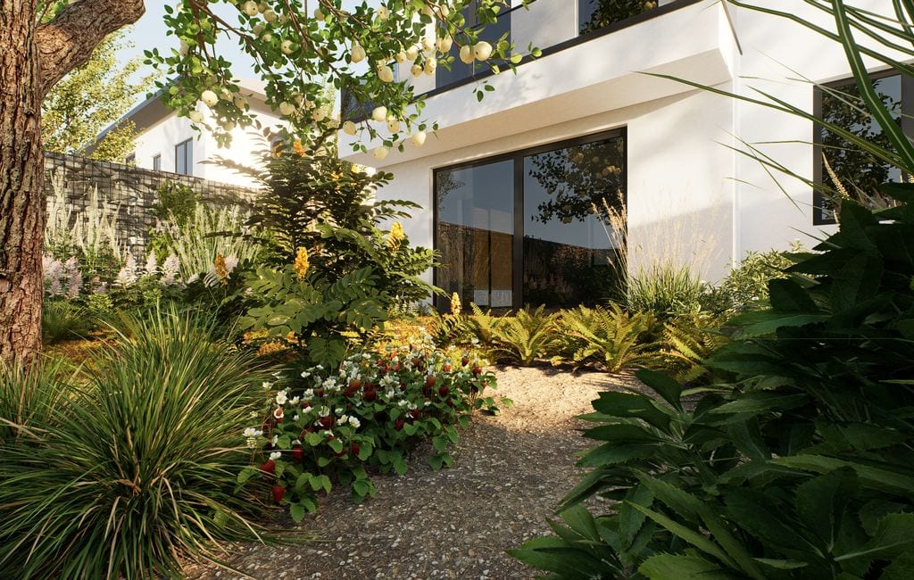 Ścieżka żwirowa, poziomki, nasadzenia leśne