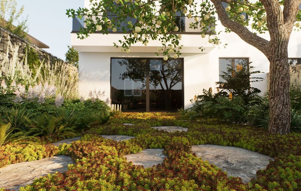 Kamienne plastry otoczone matą rozchodnikową. Grusza, mahonie trawy i tawułki.