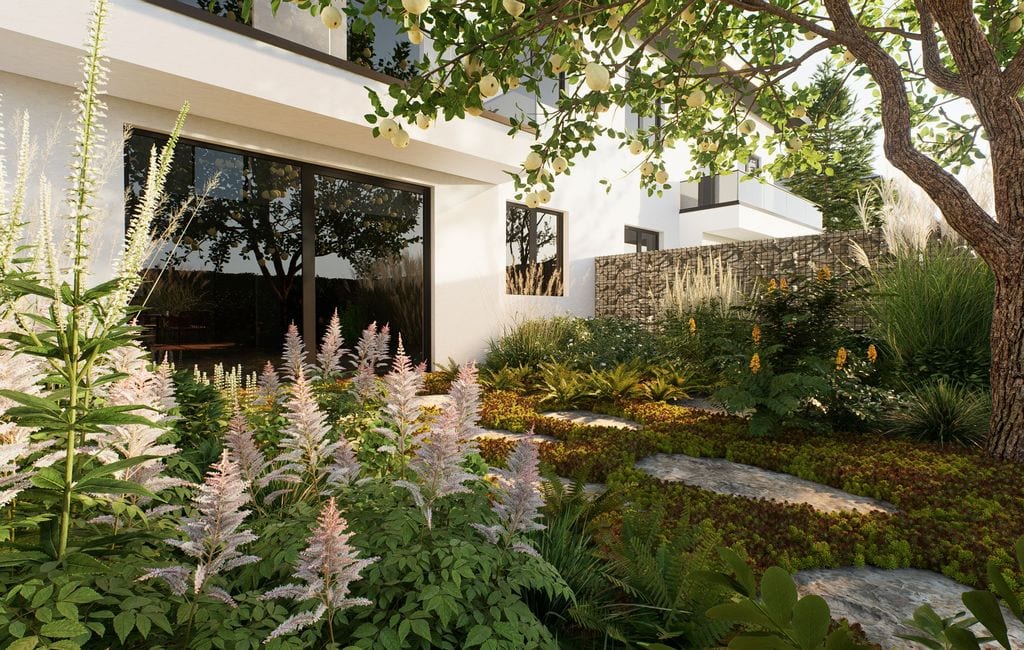 Wida=ok na część przy domu. W tle ogrodzenie z gabionów