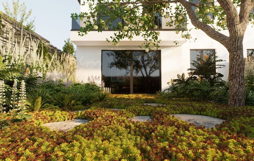 Kamienne plastry otoczone matą rozchodnikową. Grusza, mahonie trawy i tawułki. Ujęcie oddalone